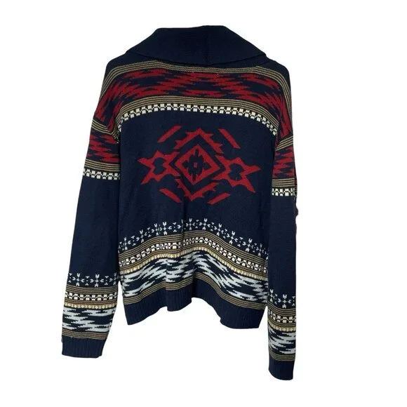 Lucky Brand Women’s L Cardigan Sweater Open Shawl Collar Aztec Southwest Blue - Picture 2 of 8